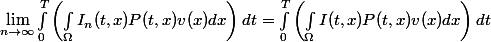 \lim_{n \to \infty} \int_0^T \left( \int_{\Omega} I_n(t,x)P(t,x)v(x)dx \right) dt = \int_0^T \left( \int_{\Omega} I(t,x) P(t,x) v(x) dx \right) dt